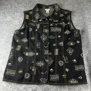 Vintage Graff Women's‎ Embroidered Beaded Denim Black Jean Vest Size M